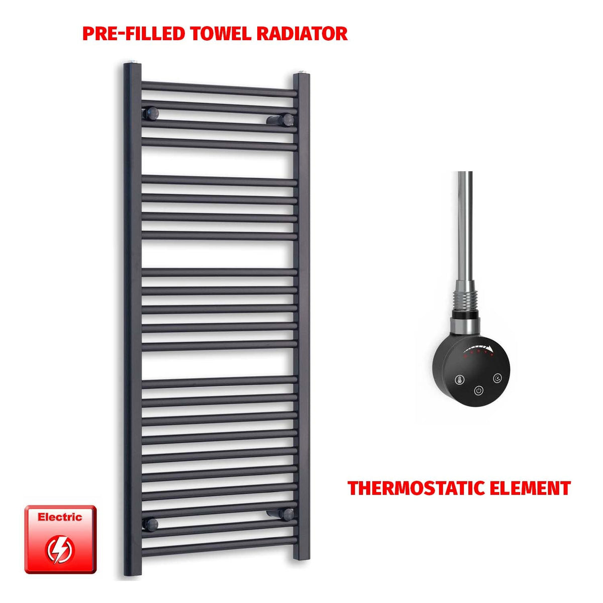 1200 x 500 Flat Black Pre-Filled Electric Heated Towel Radiator HTR smart no tmr