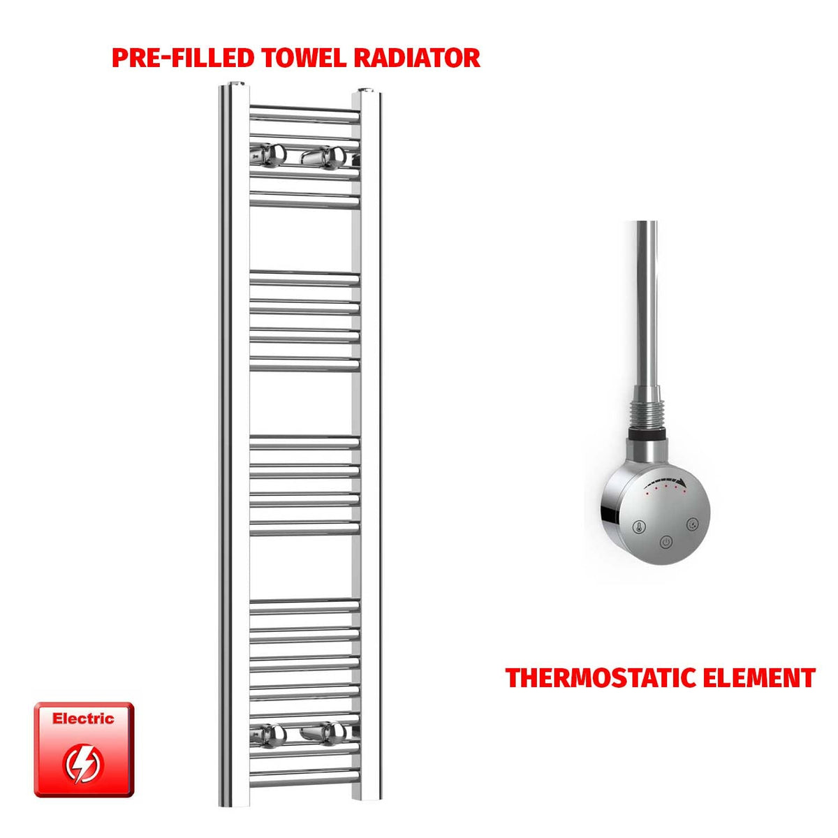 1000 x 250 Pre-Filled Electric Heated Towel Radiator Straight Chrome Smart Element
