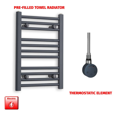 600mm High 400mm Wide Flat Anthracite Pre-Filled Electric Heated Towel Rail Radiator HTR SMR Thermostatic element no timer