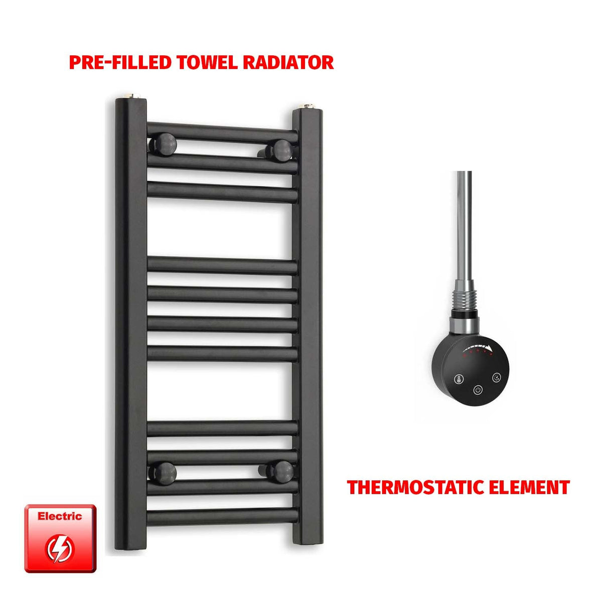 SMR-NO-TMR 600mm High 300mm Wide Flat Black Pre-Filled Electric Heated Towel Rail Radiator HTR