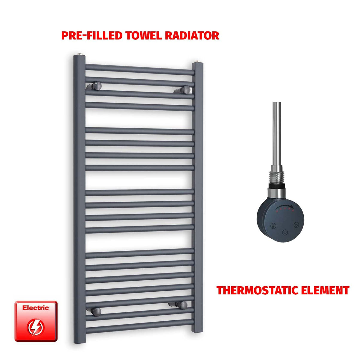1000 x 500 Flat Anthracite Pre-Filled Electric Heated Towel Radiator SMR Thermostatic element no timer
