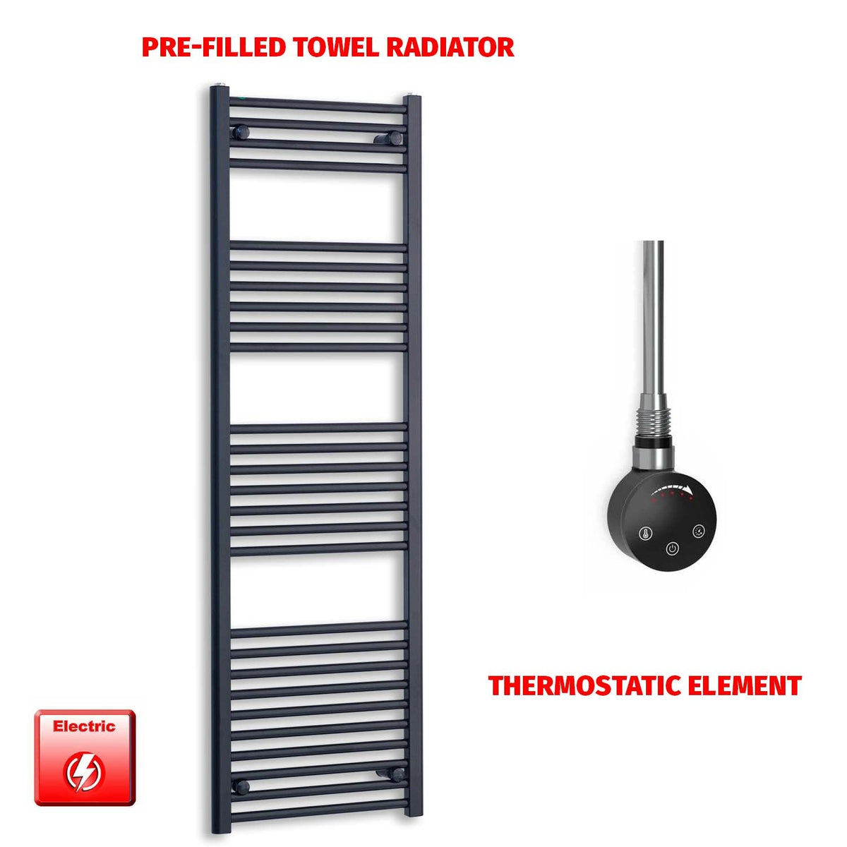1600 x 500 Flat Black Pre-Filled Electric Heated Towel Radiator HTR Smart Thermostatic No Timer