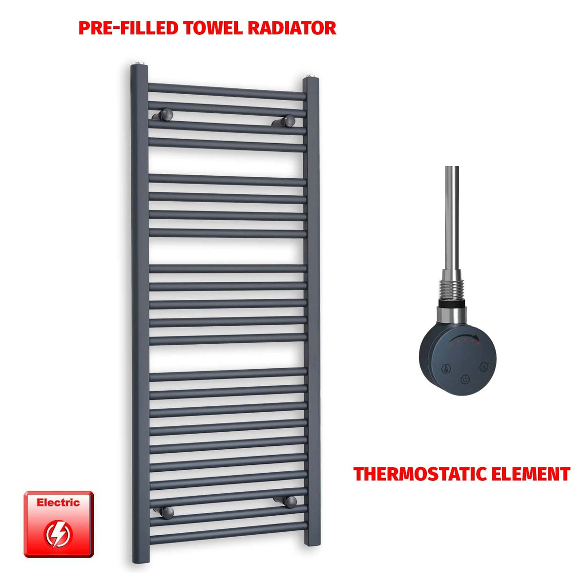 1200mm High 500mm Wide Flat Anthracite Pre-Filled Electric Heated Towel Rail Radiator HTR SMR Thermostatic element no timer