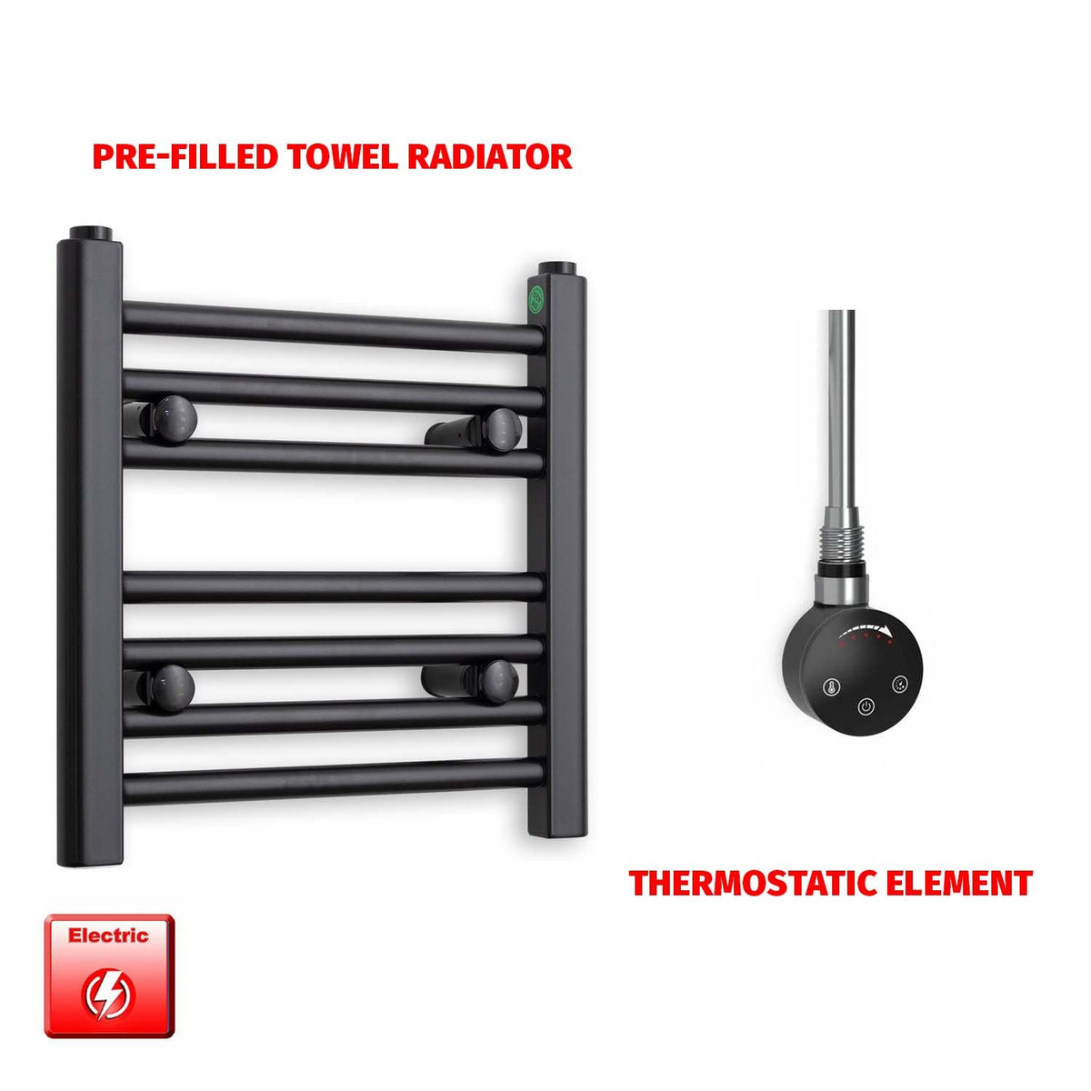 400 x 400 Flat Black Pre-Filled Electric Heated Towel Radiator HTR Smart Thermostatic No Timer