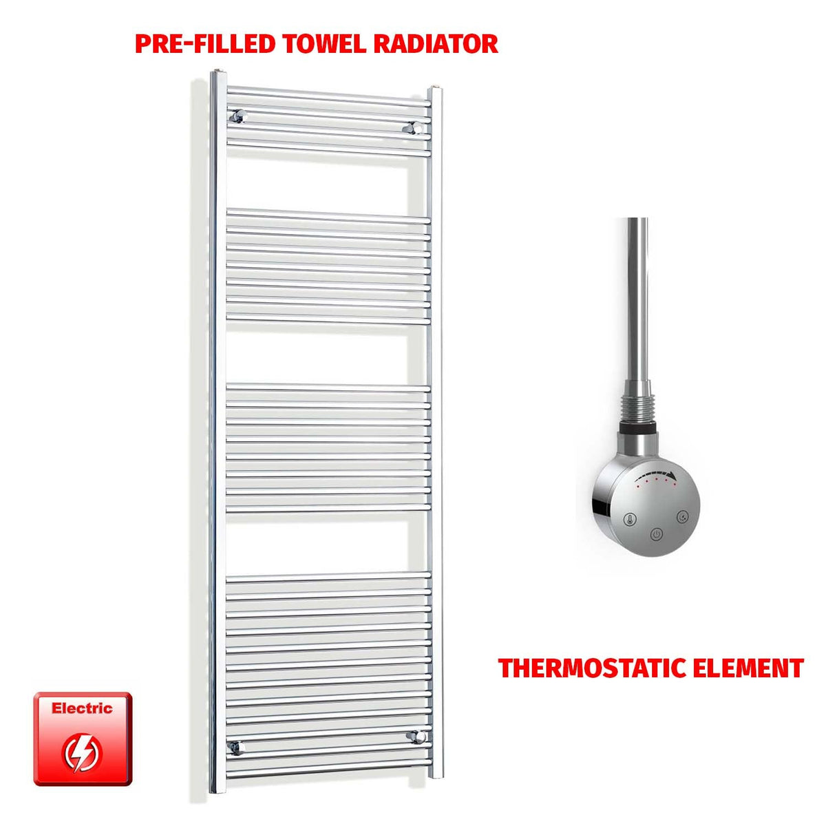 1800mm High 550mm Wide Electric Heated Towel Radiator Straight Chrome SMR Thermostatic element no timer
