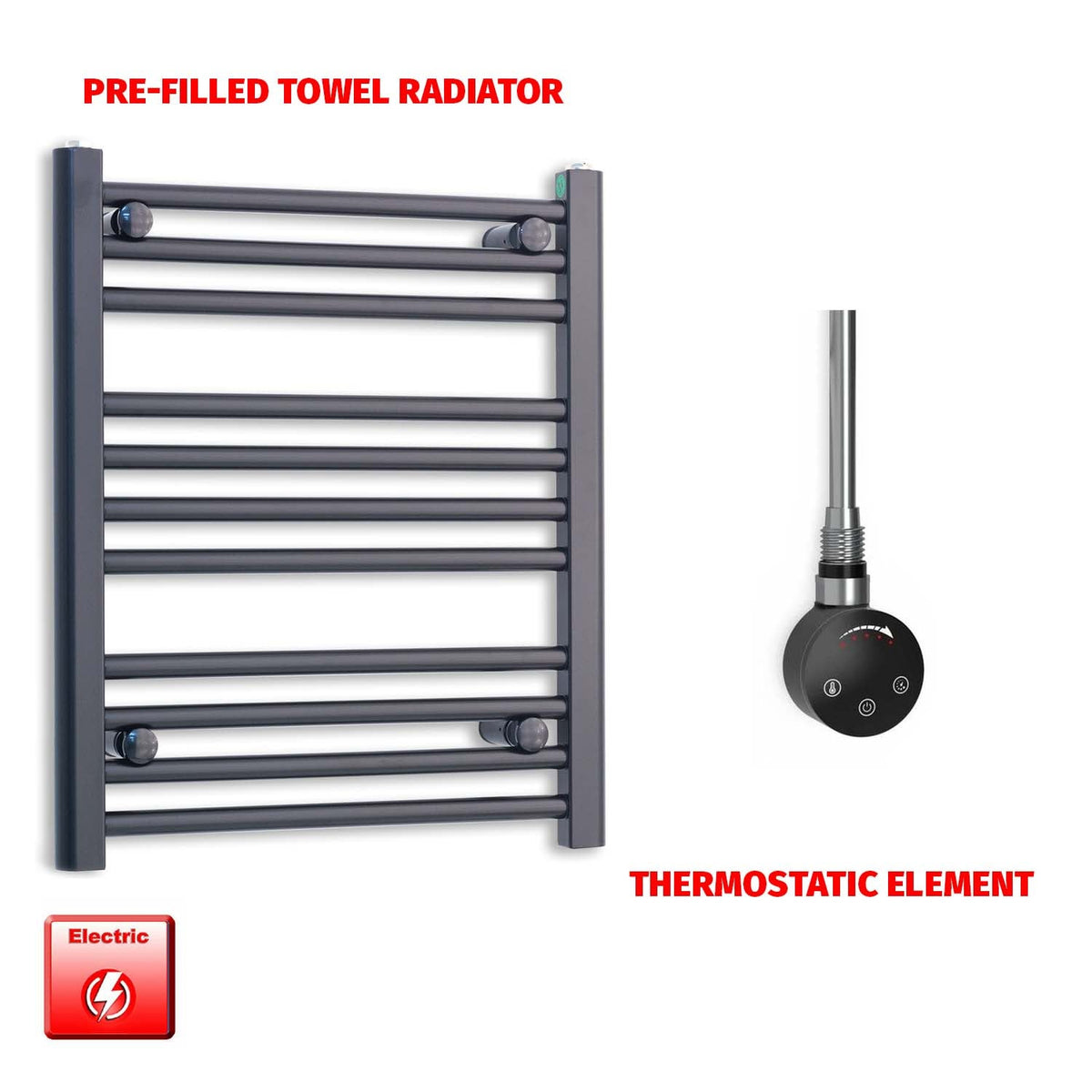 600 x 550mm Wide Flat Black Pre-Filled Electric Heated Towel Radiator HTR SMART Thermostatic No Timer