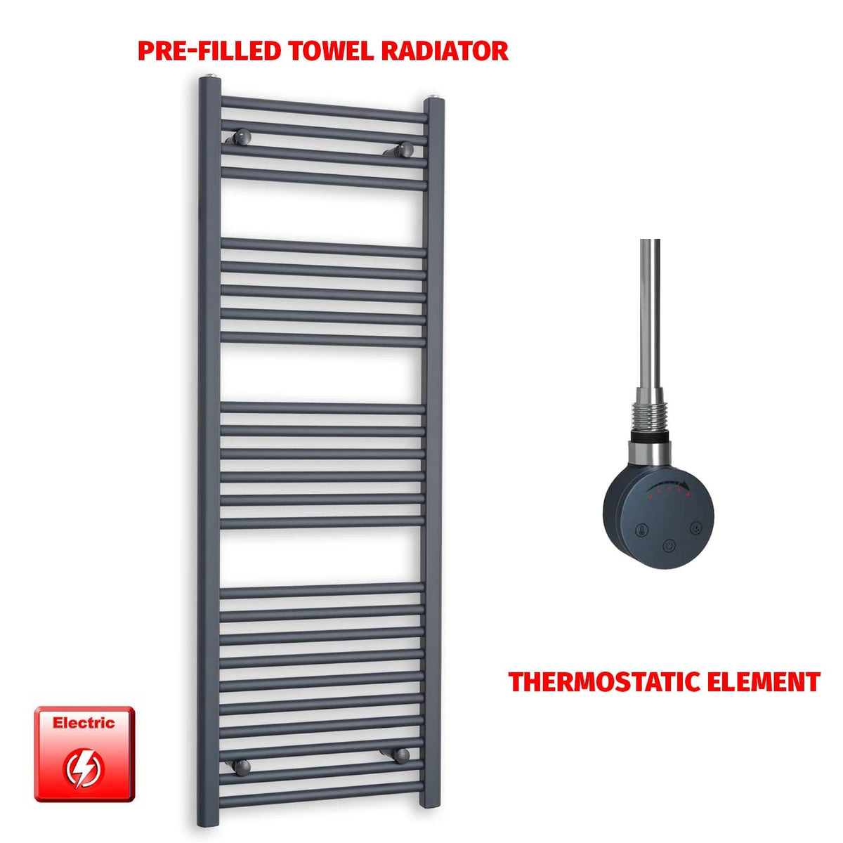 1400mm High 500mm Wide Flat Anthracite Pre-Filled Electric Heated Towel Rail Radiator HTR SMR Thermostatic element no timer