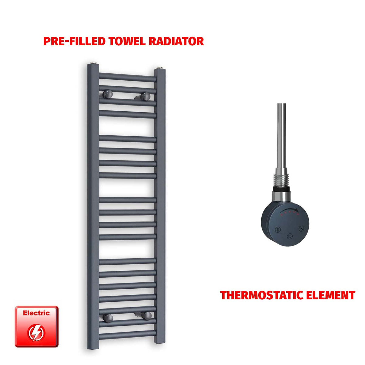 1000mm High 300mm Wide Flat Anthracite Pre-Filled Electric Heated Towel Rail Radiator HTR SMR Thermostatic element no timer