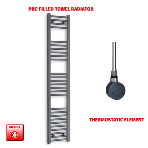 1600 x 300 Flat Anthracite Pre-Filled Electric Heated Towel Radiator HTR SMR Thermostatic element no timer