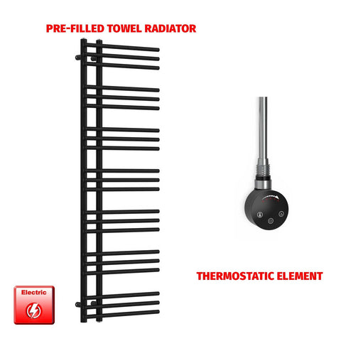 1500 mm High x 500 mm Wide Difta Pre-Filled Electric Heated Towel Radiator Flat Black MEG Thermostatic Element Smart Thermostatic Element No Timer