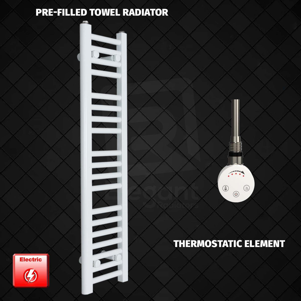 1000 mm High 200 mm Wide Pre-Filled Electric Towel Rail White HTR Smart Thermostatic Element No Timer