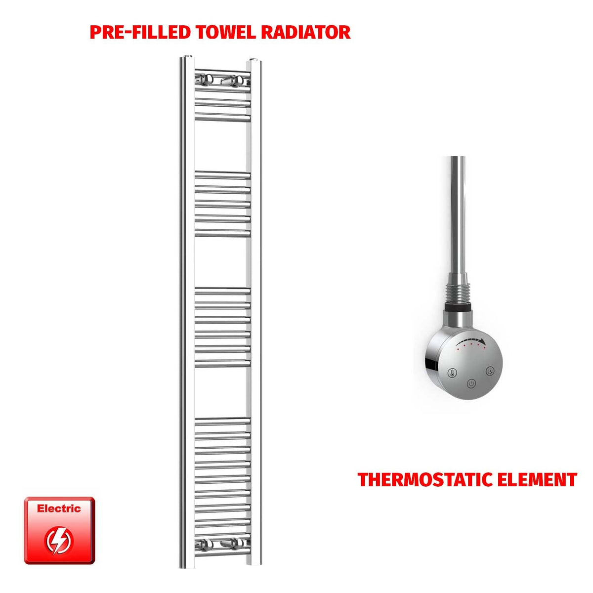 1400 x 200 Pre-Filled Electric Heated Towel Radiator Straight Chrome smart thermostatic element