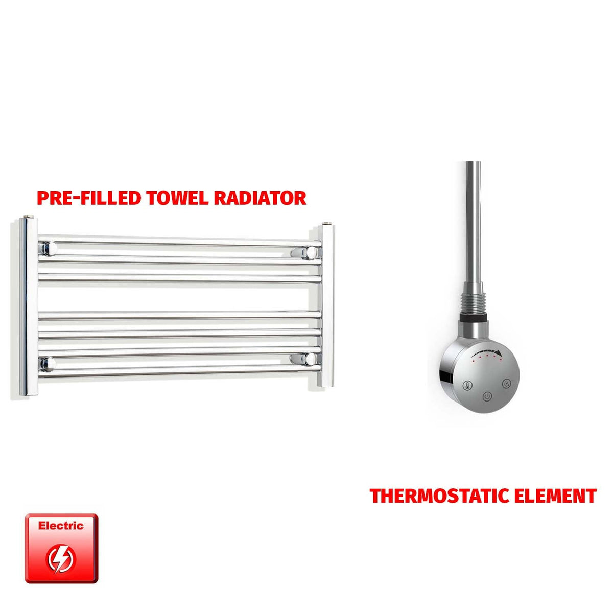 400 x 800 Pre-Filled Electric Heated Towel Radiator Straight Chrome SMR Thermostatic element no timer