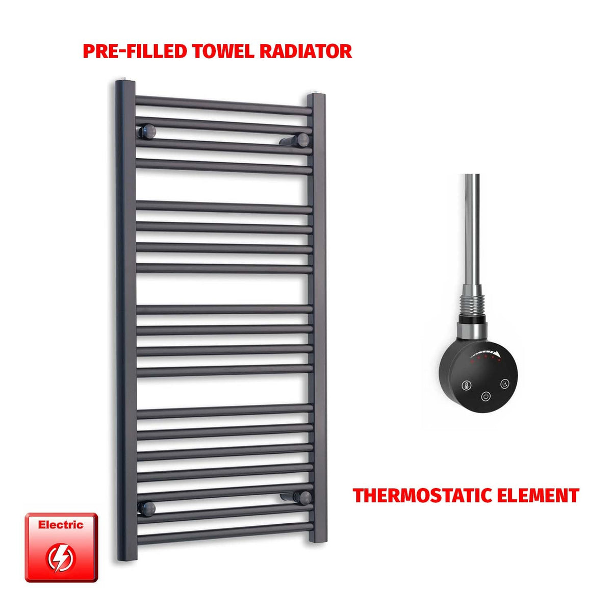 1000 x 550mm Wide Flat Black Pre-Filled Electric Heated Towel Radiator HTR SMART Thermostatic No Timer