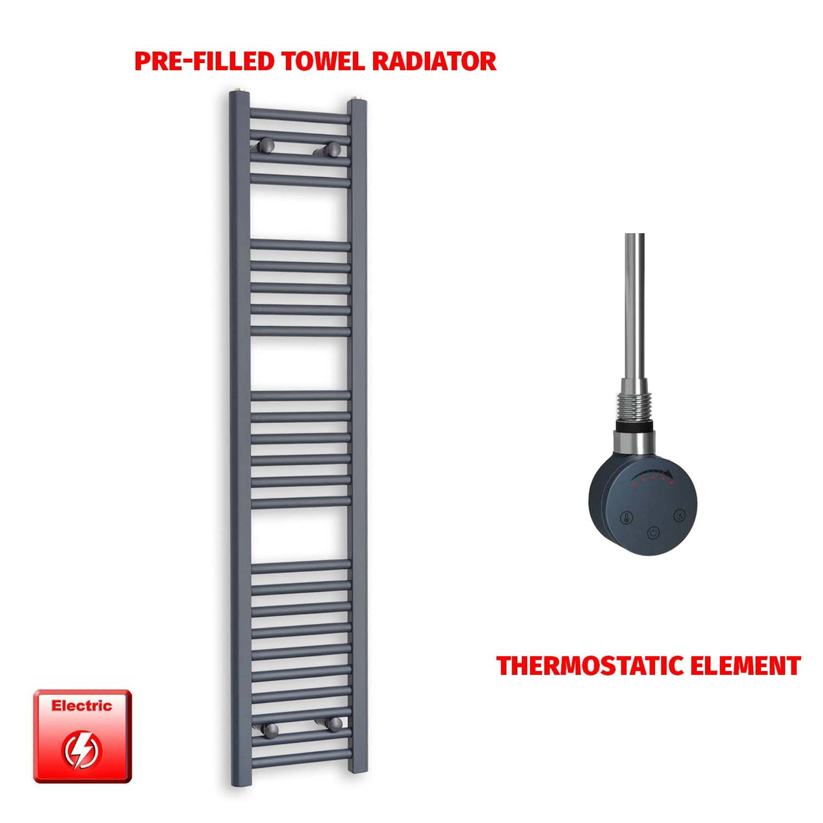 1400mm High 300mm Wide Flat Anthracite Pre-Filled Electric Heated Towel Rail Radiator HTR SMR Thermostatic element no timer