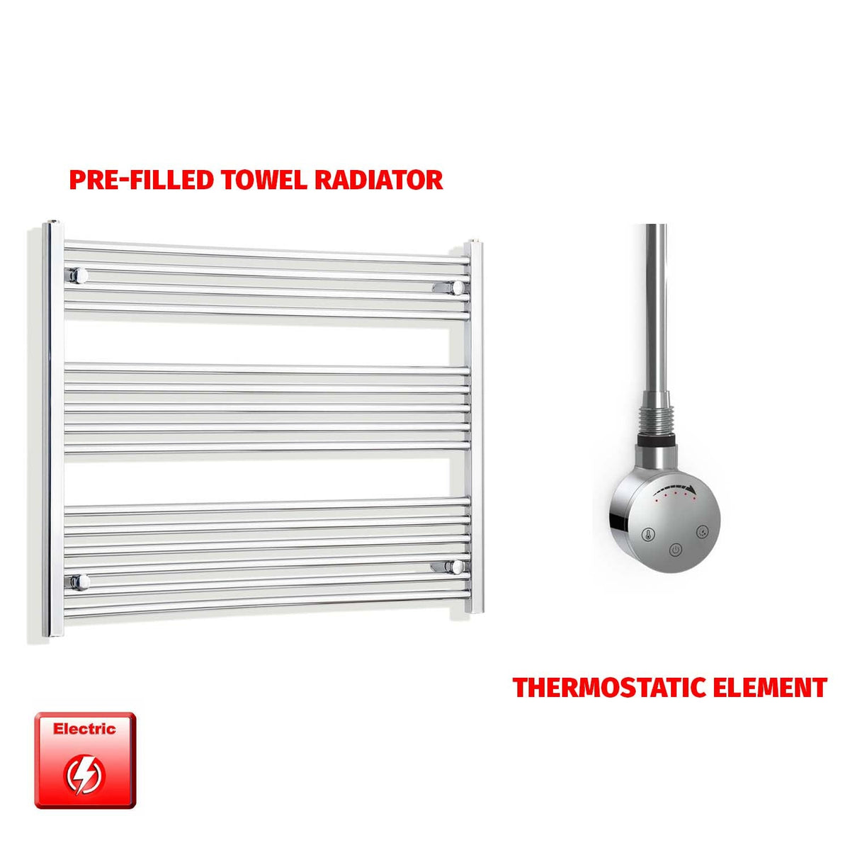 800mm High 950mm Wide Pre-Filled Electric Heated Towel Rail Radiator Straight Chrome SMR Thermostatic element no timer