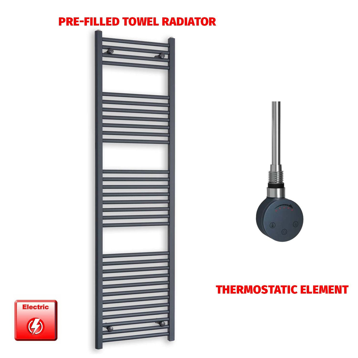 1800mm High 500mm Wide Flat Anthracite Pre-Filled Electric Heated Towel Radiator SMR Thermostatic element no timer