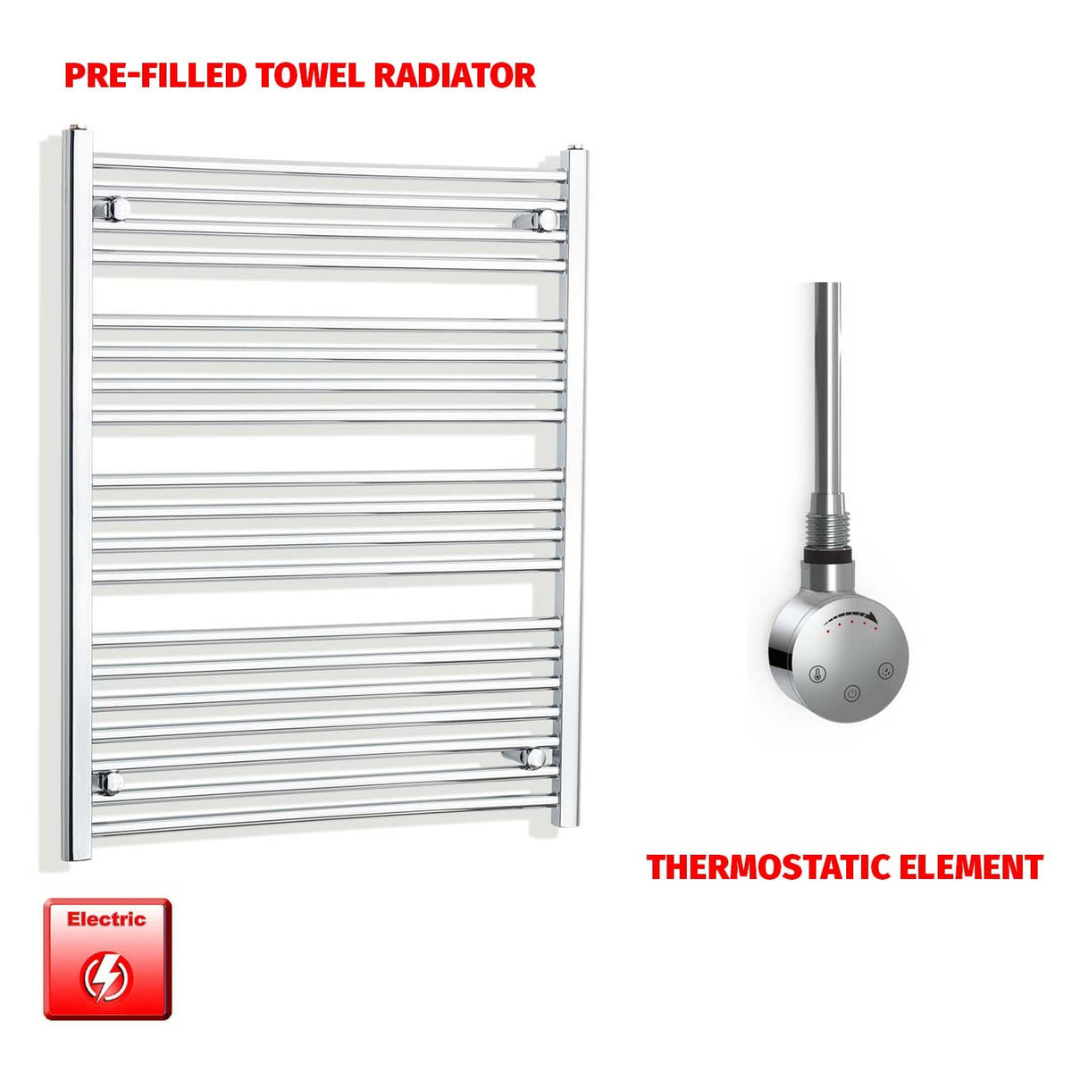 1000 x 800 Pre-Filled Electric Heated Towel Radiator Straight Chrome SMR Thermostatic element no timer