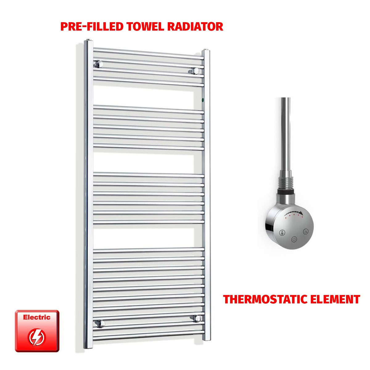 1400mm High 550mm Wide Pre-Filled Electric Heated Towel Radiator Straight Chrome SMR Thermostatic element no timer