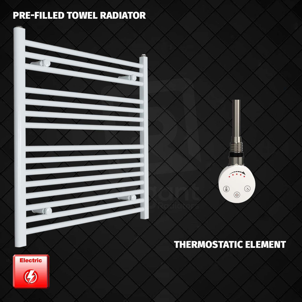 800 mm High 750 mm Wide Pre-Filled Electric Heated Towel Rail Radiator White HTR SMR Thermostatic element no timer