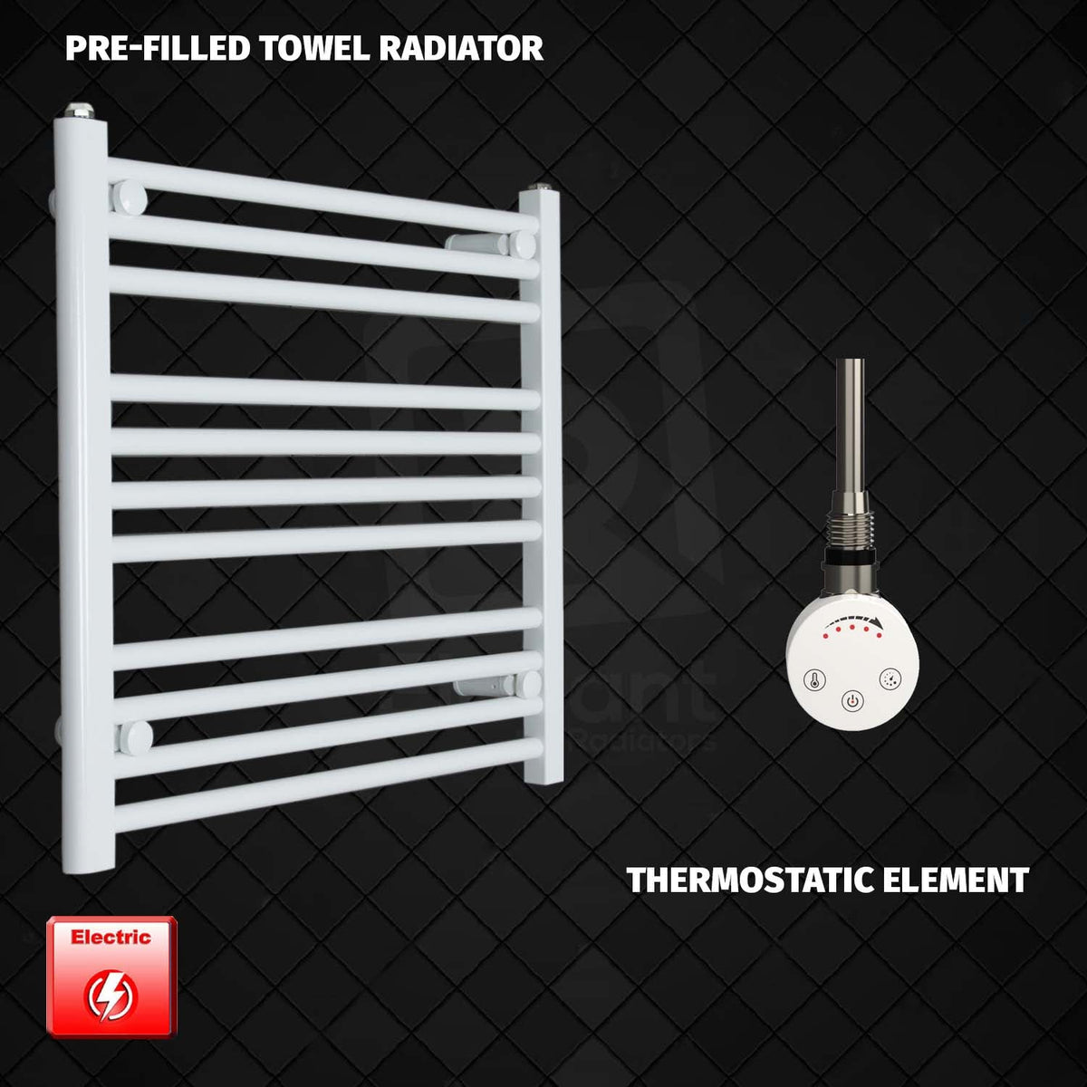 600 mm High 700 mm Wide Pre-Filled Electric Heated Towel Rail Radiator White HTR SMR Thermostatic Element No Timer