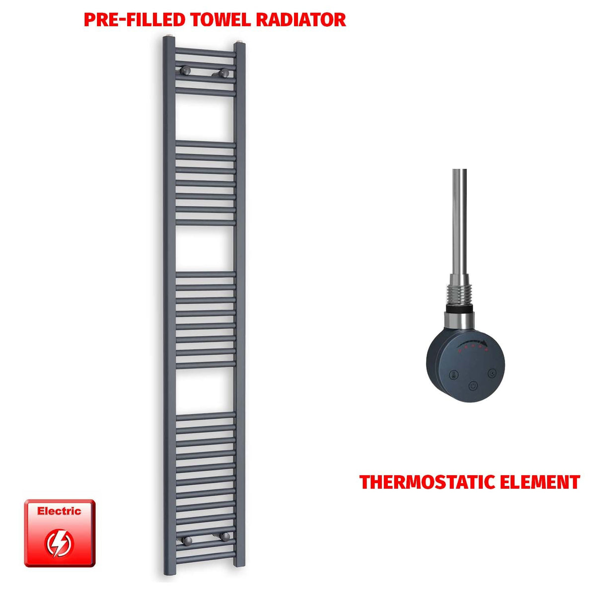 1800mm High 300mm Wide Flat Anthracite Pre-Filled Electric Heated Towel Rail Radiator HTR SMR Thermostatic element no timer