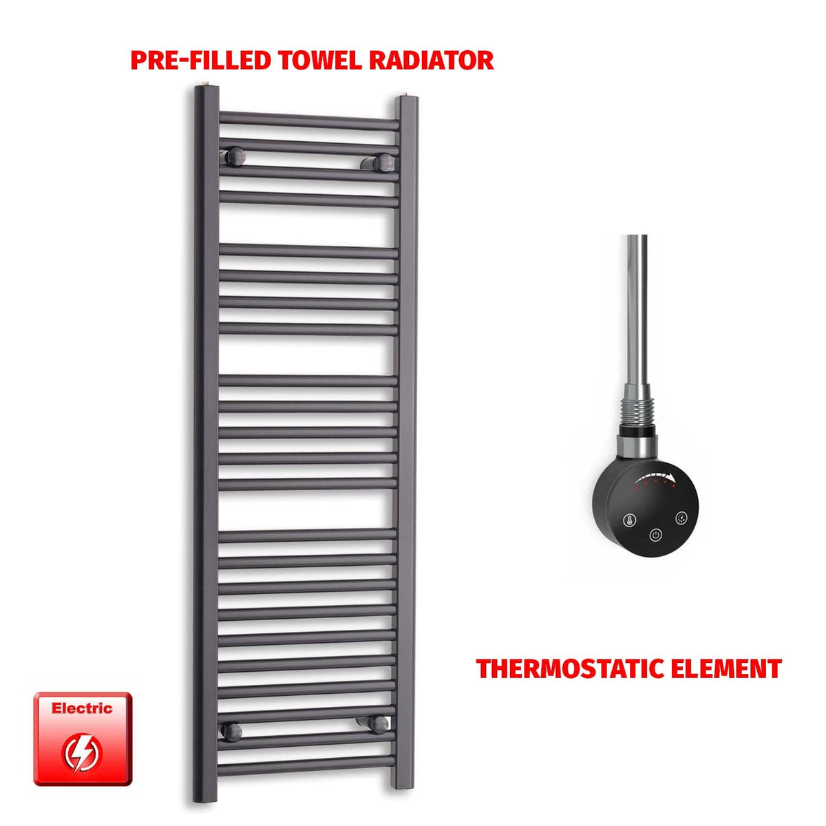 1200 x 400 Flat Black Pre-Filled Electric Heated Towel Rail Radiator HTR Smart Element