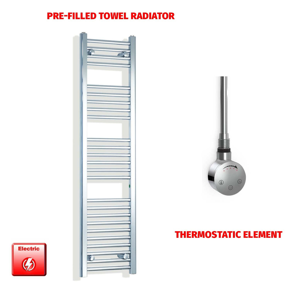 1400mm High 300mm Wide Pre-Filled Electric Heated Towel Rail Radiator Straight Chrome Smart Element No Timer