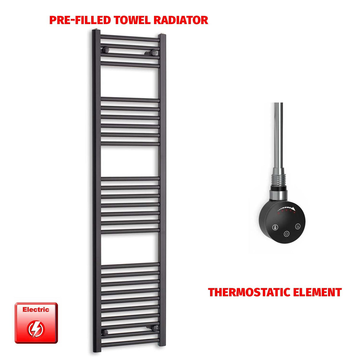 1600mm High 450mm Wide Flat Black Pre-Filled Electric Heated Towel Rail Radiator HTR Smart Thermostatic