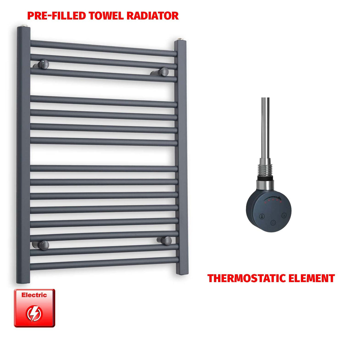 800mm High 600mm Wide Flat Anthracite Pre-Filled Electric Heated Towel Rail Radiator HTR SMR Thermostatic element no timer