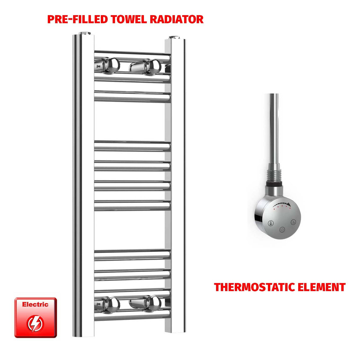 600mm High 200mm Wide Pre-Filled Electric Heated Towel Rail Radiator Straight Chrome Smart Thermostatic Element No Timer