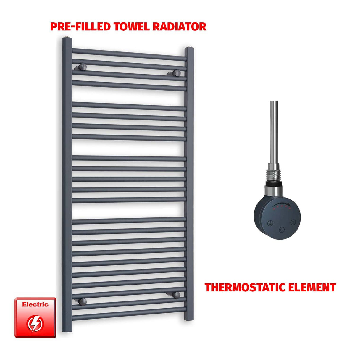 1200mm High 600mm Wide Flat Anthracite Pre-Filled Electric Heated Towel Rail Radiator HTR SMR Thermostatic element no timer