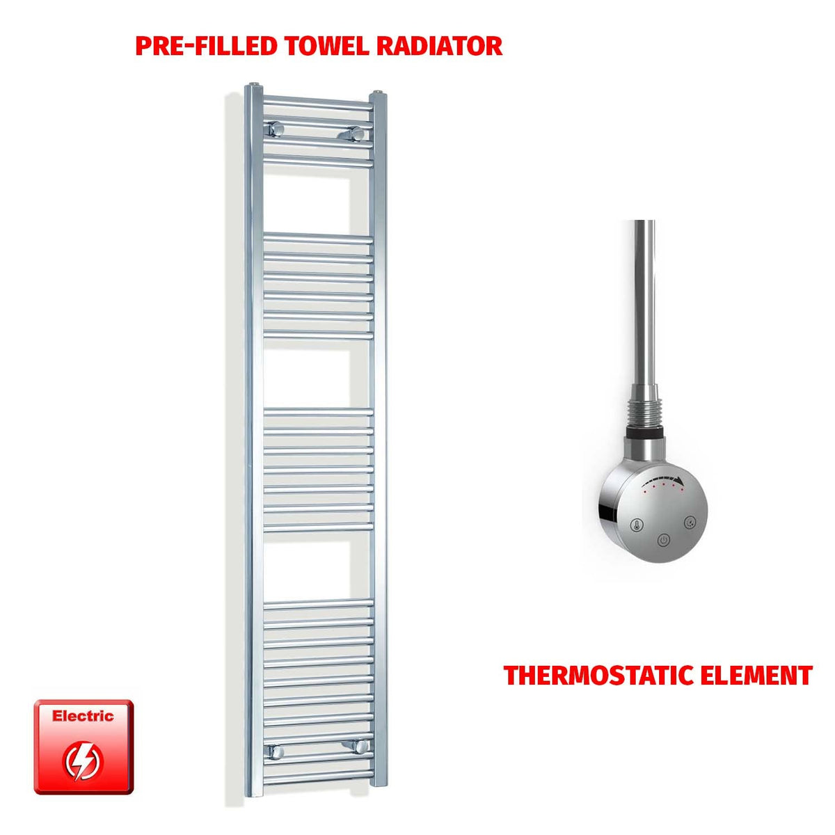 1600 x 350 Pre-Filled Electric Heated Towel Radiator Straight Chrome SMR Thermostatic element no timer