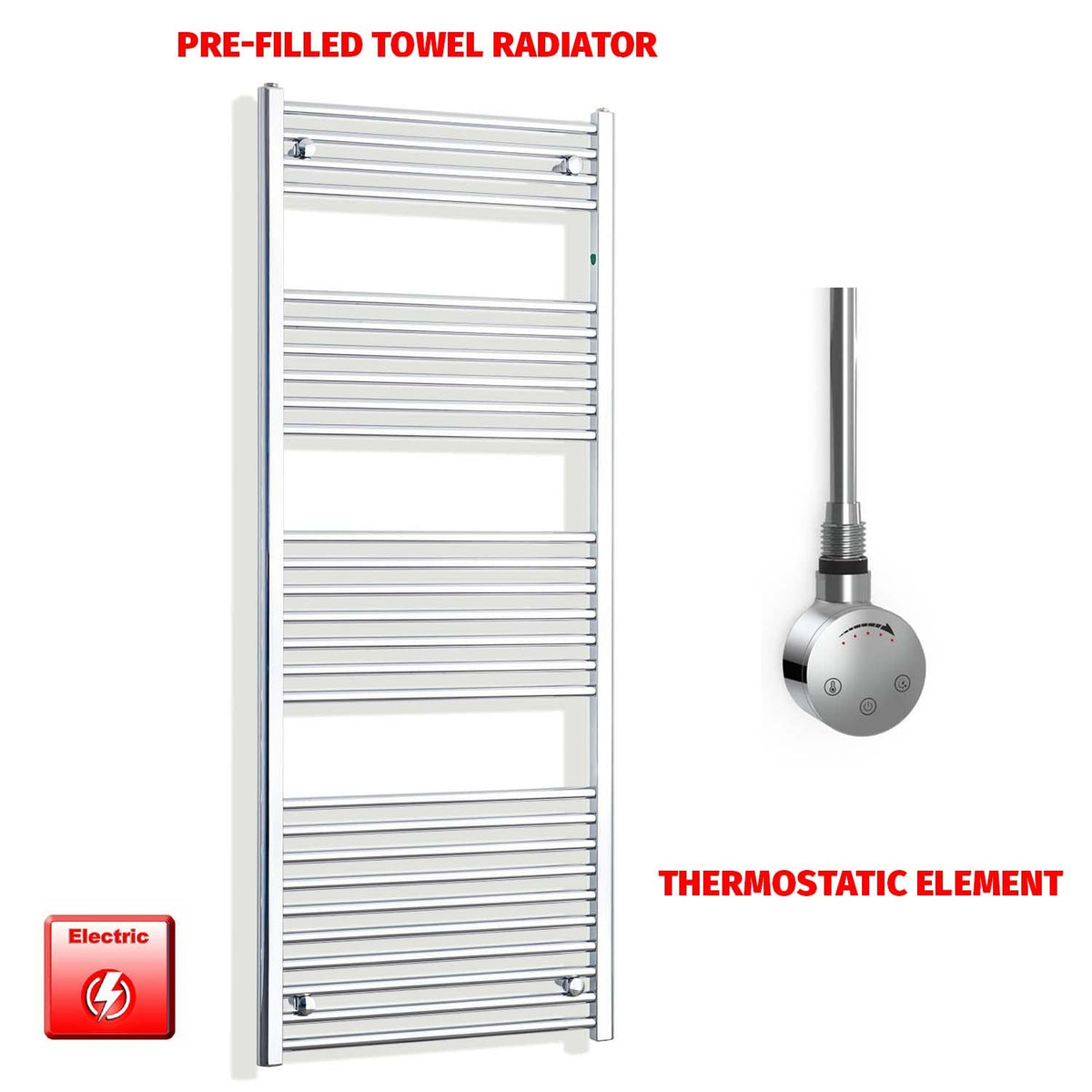 1600mm High 500mm Wide Pre-Filled Electric Heated Towel Radiator Straight or Curved Chrome SMR Thermostatic element no timer