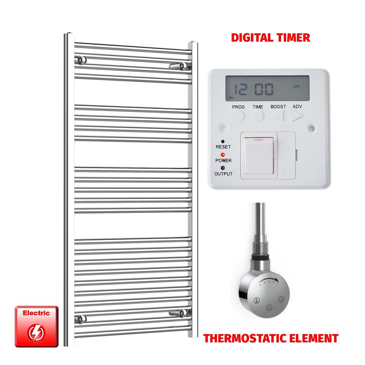 1200mm High 700mm Wide Pre-Filled Electric Heated Towel Radiator Straight or Curved Chrome