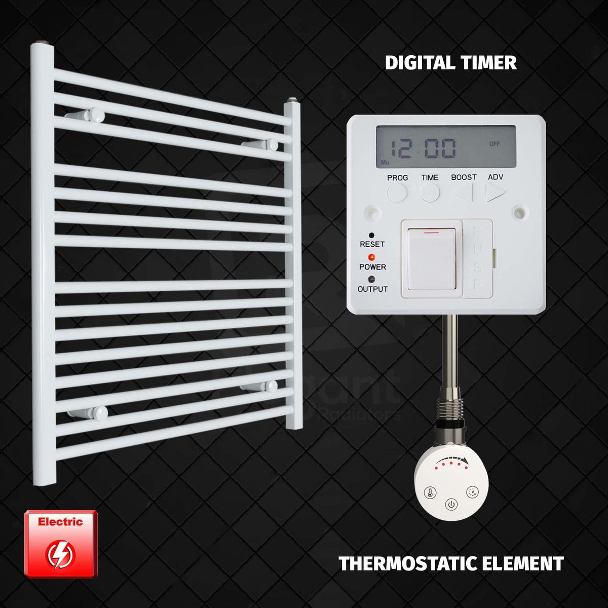 800 x 800 Pre-Filled Electric Heated Towel Radiator White HTR SMR Thermostatic element Digital timer