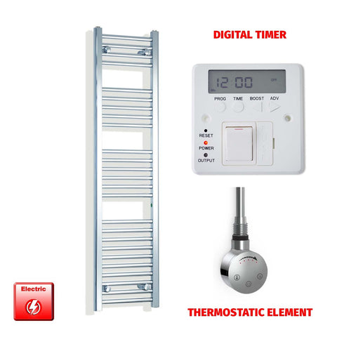 1400mm High 300mm Wide Pre-Filled Electric Heated Towel Rail Radiator Straight Chrome Smart Element Digital Timer