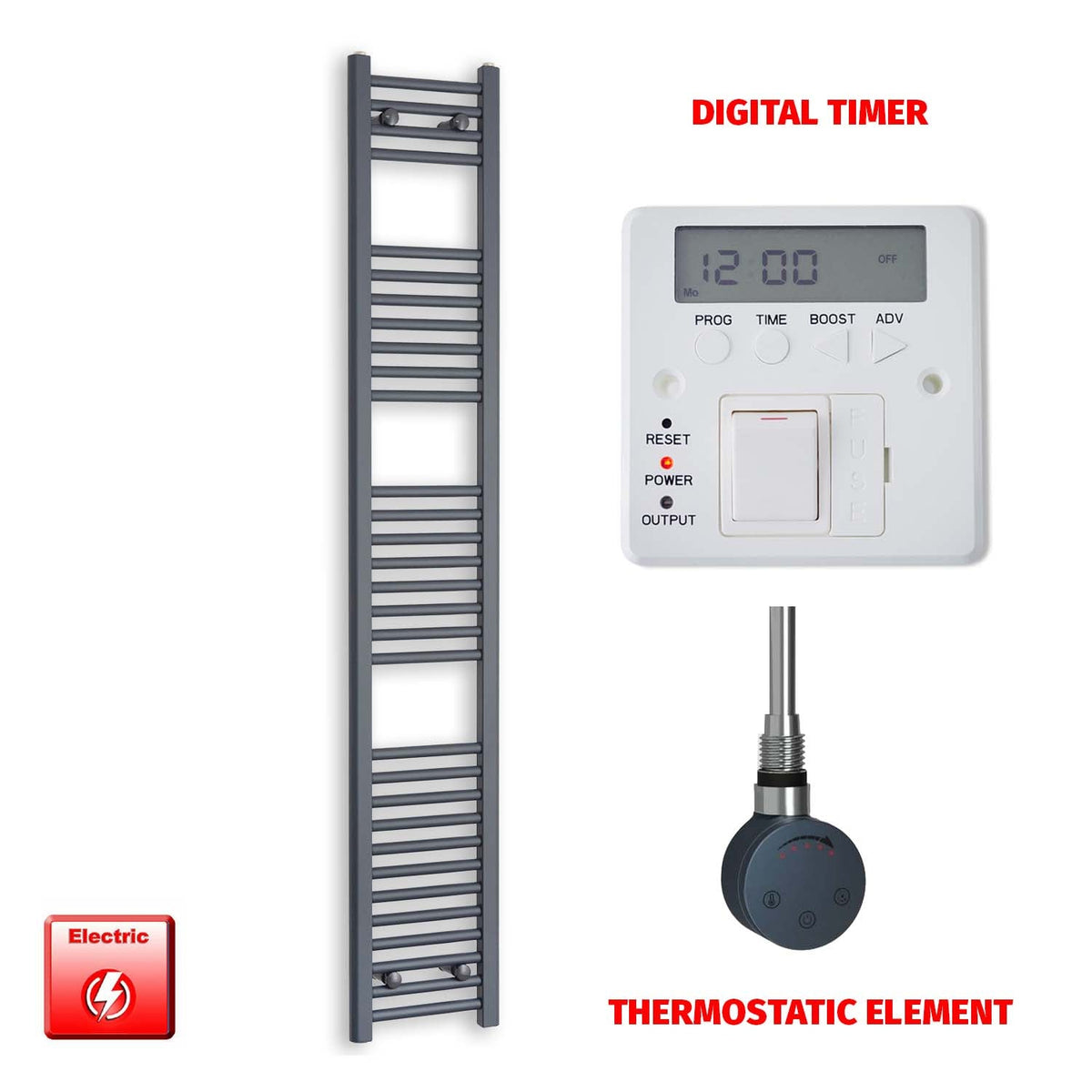 1800mm High 300mm Wide Flat Anthracite Pre-Filled Electric Heated Towel Rail Radiator HTR SMR Thermostatic element Digital timer