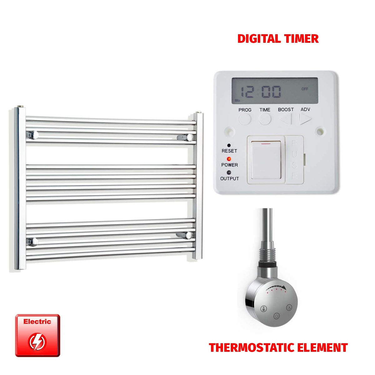 600mm High 850mm Wide Pre-Filled Electric Heated Towel Radiator Straight Chrome SMR Thermostatic element Digital timer