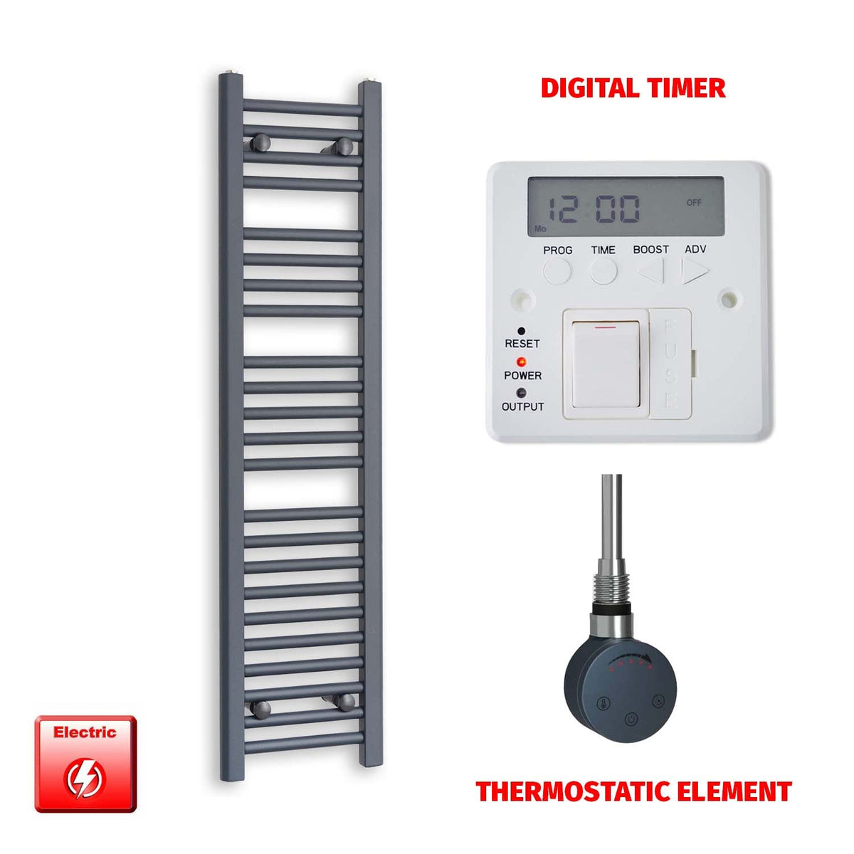 1200mm High 300mm Wide Flat Anthracite Pre-Filled Electric Heated Towel Rail Radiator HTR SMR Thermostatic element Digital timer
