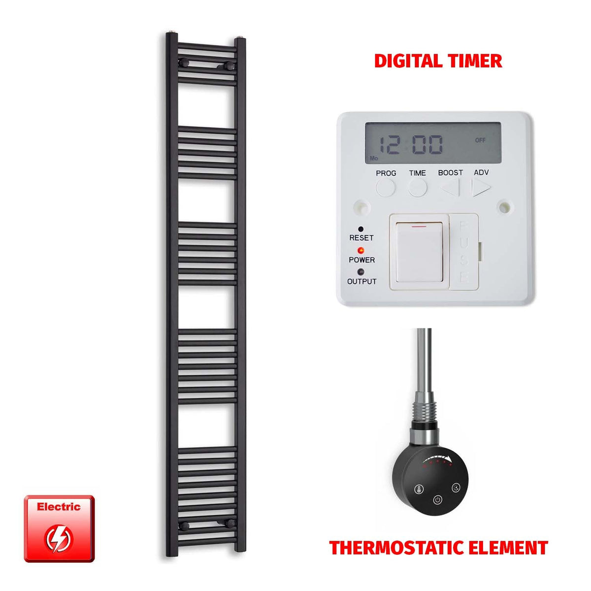 1800 x 300 Flat Black Pre-Filled Electric Heated Towel Radiator HTR Smart Thermostatic Digital Timer