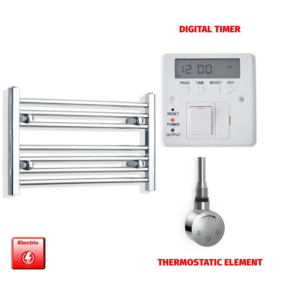 400 x 600 Pre-Filled Electric Heated Towel Radiator Straight or Curved Chrome SMR Thermostatic element Digital timer