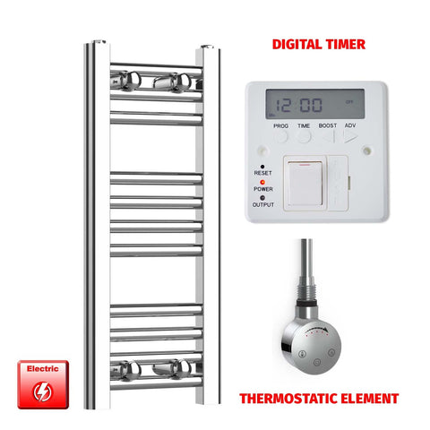 600mm High 200mm Wide Pre-Filled Electric Heated Towel Rail Radiator Straight Chrome Digital Timer Thermostatic Element