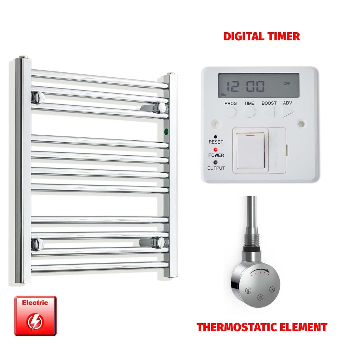600mm High 550mm Wide Pre-Filled Electric Heated Towel Radiator Chrome HTR SMR Thermostatic element Digital timer