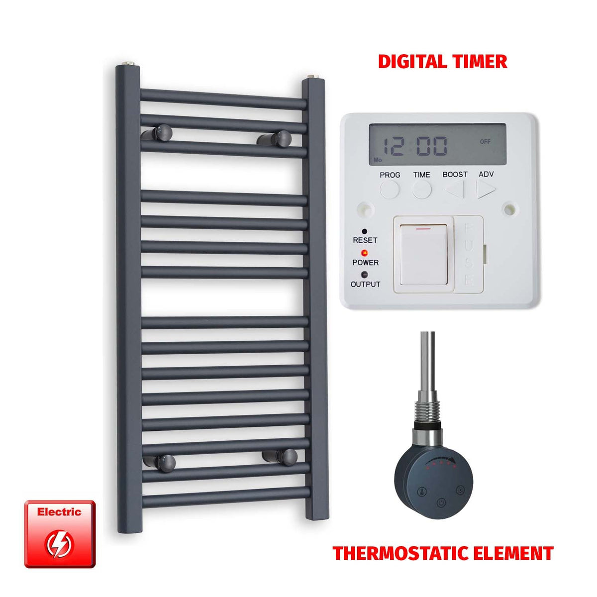 800mm High 500mm Wide Flat Anthracite Pre-Filled Electric Heated Towel Radiator HTR SMR Thermostatic element Digital timer