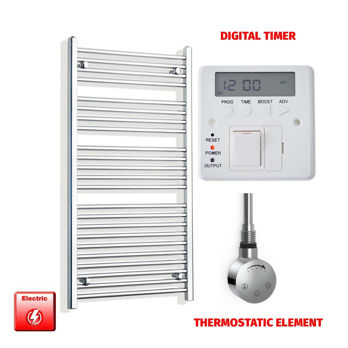 1200mm High 550mm Wide Pre-Filled Electric Heated Towel Radiator Chrome HTR SMR Thermostatic element Digital timer