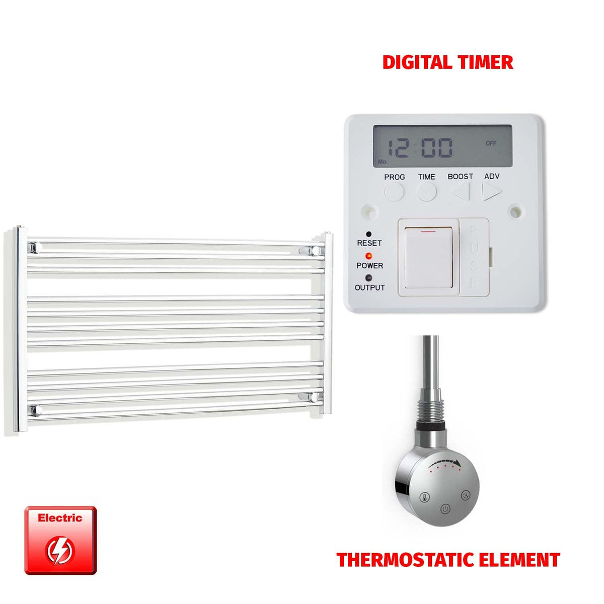 600 x 1000 Pre-Filled Electric Heated Towel Radiator Straight Chrome SMR Thermostatic element Digital timer