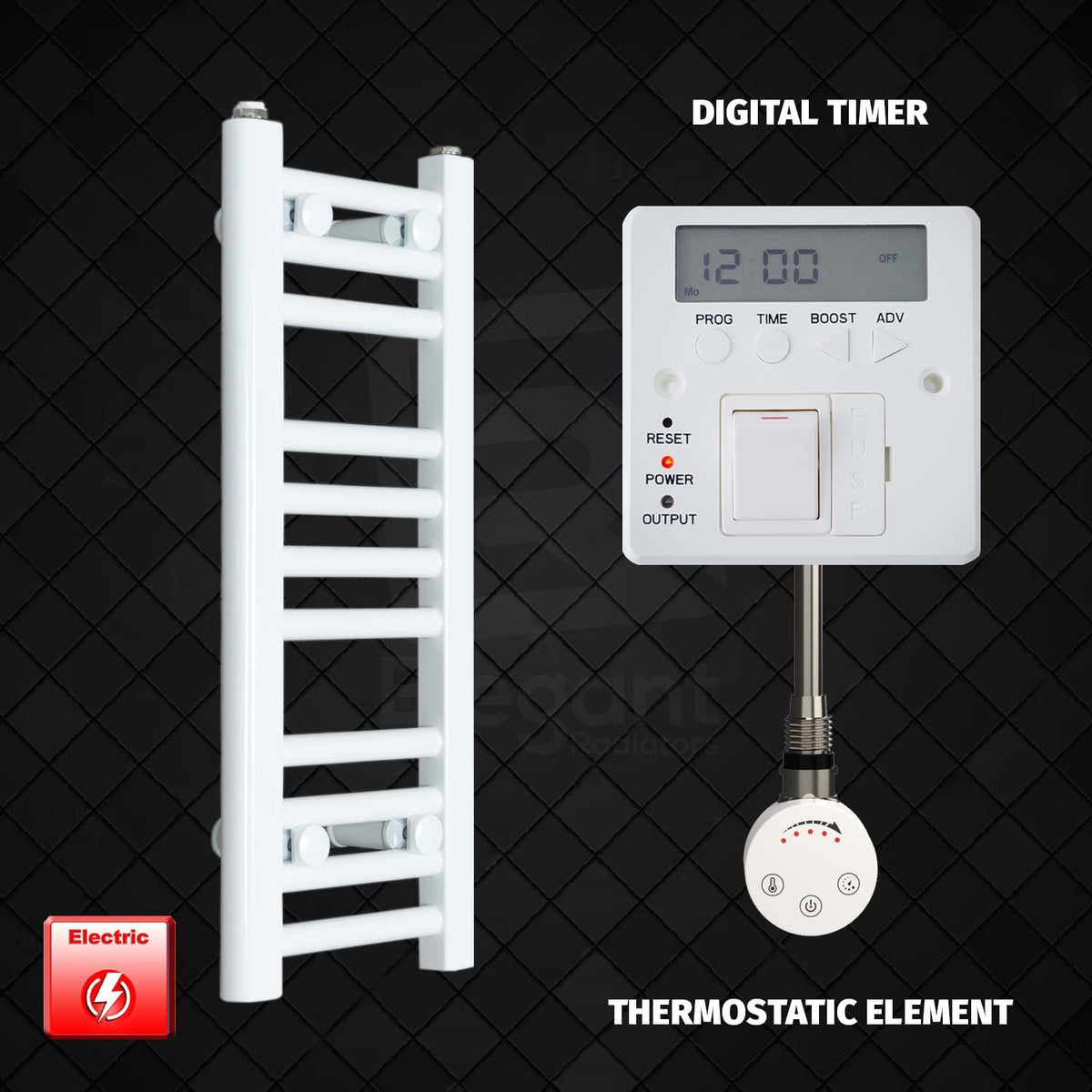 600 mm High 300 mm Wide Pre-Filled Electric Heated Towel Rail Radiator White Digital timer Thermostatic Element