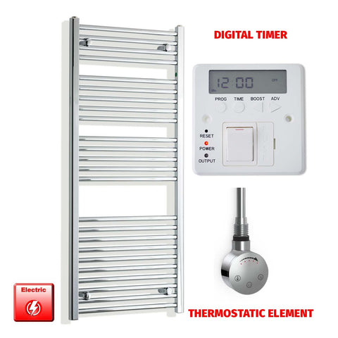 1300mm High 450mm Wide Pre-Filled Electric Heated Towel Rail Radiator Straight or Curved Chrome Smart Element Digital Timer