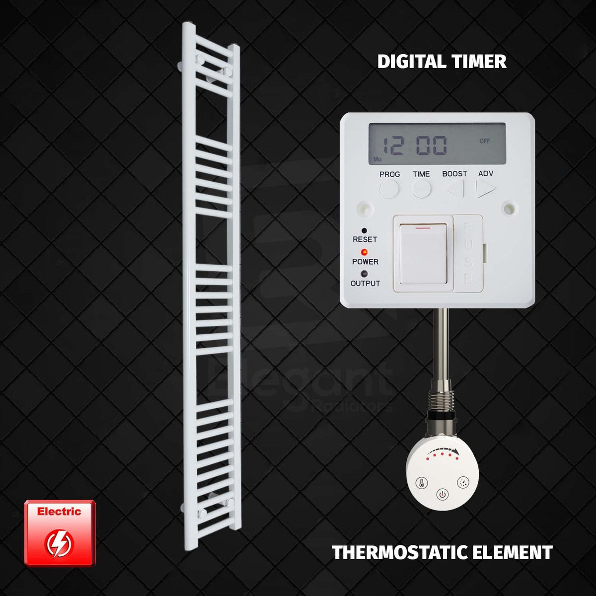 1600 x 200 Pre-Filled Electric Heated Towel Radiator White Smart Thermostatic Element Digital Timer